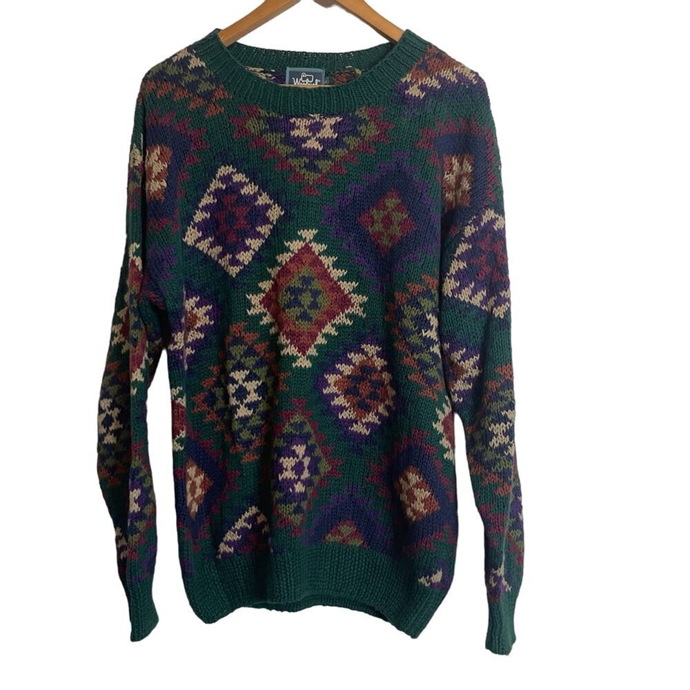 WOOLRICH Vintage90s Chunky Hand Knitted Southwestern Sweater Green Size L